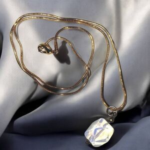 Necklace Milky Quartz Faceted Pendant Gold-Filled Brass Chain Long 19" Classic‎